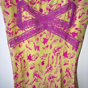 Vintage 90s betsey Johnson slip dress w rare bondage print and lace bow detail